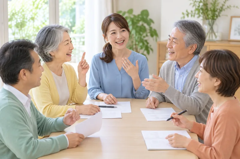 テーブルを囲み、製品や活動について和やかに語り合う人々のイメージ