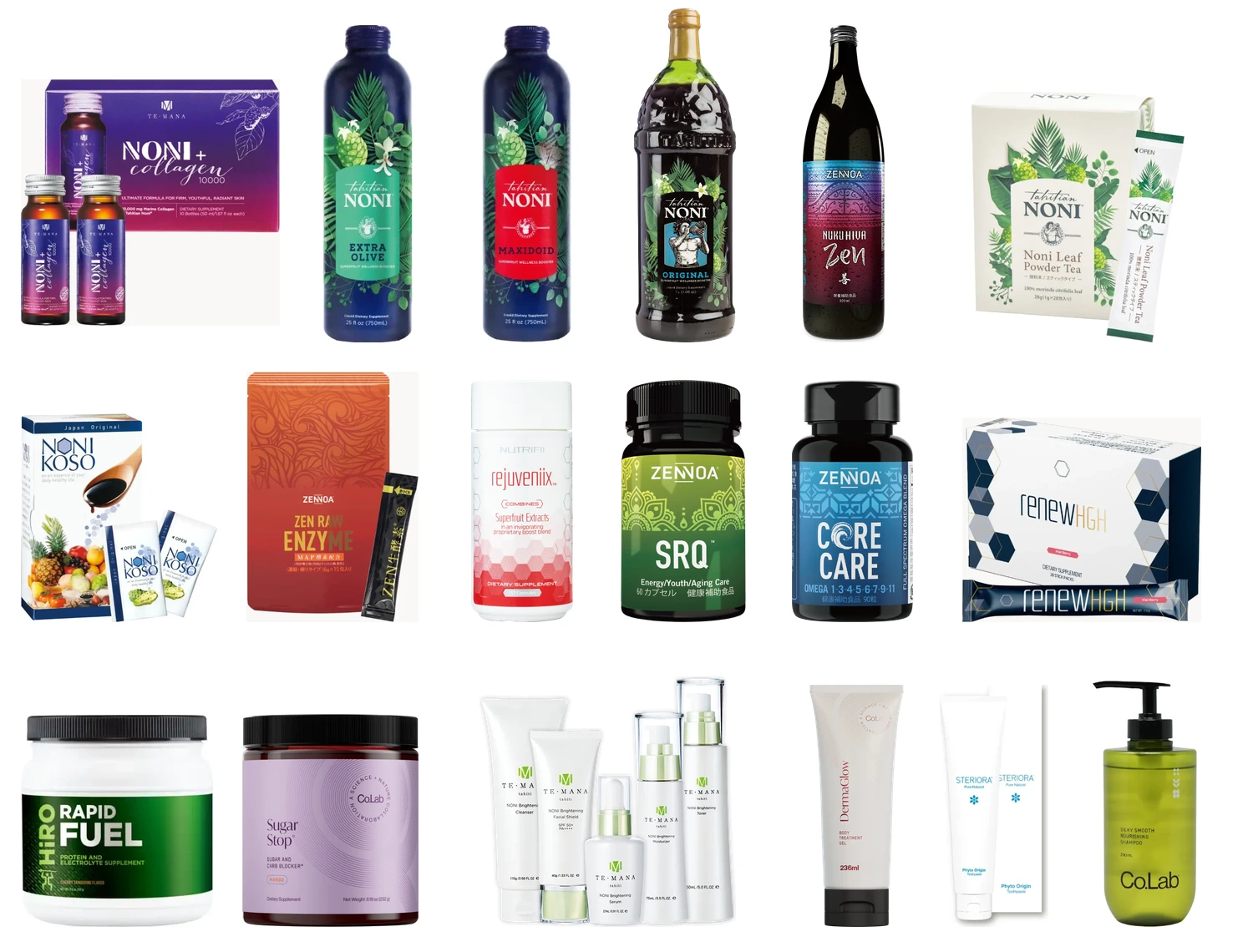 パートナーコの製品集合写真。ノニ飲料、ノニコラーゲン、ノニリーフティー、ノニ酵素、ZEN生酵素、リジュヴィニックス、SRQ、コアケア、リニューHGH、食品、テマナ、ダーマグロウジェル、ステリオーラ、シャンプー。